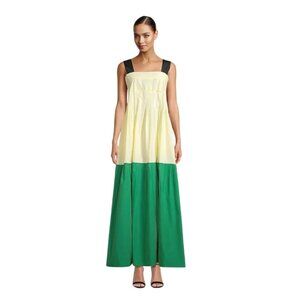 Plan C Colorbock Tank Maxi Dress Womens 36 Small Green Yellow Tiered Sleeveless